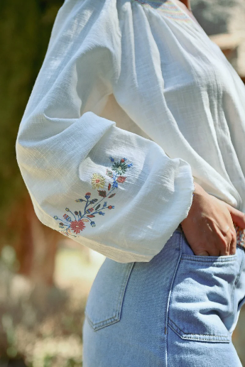 Molly Bracken White Embroidered Long Sleeve Loose Fit Blouse