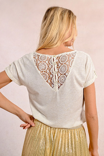 Back view of lace detail on Molly Bracken off-white T-shirt with button accents