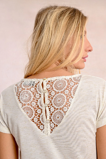Detailed back shot of openwork lace and buttons on Molly Bracken T-shirt