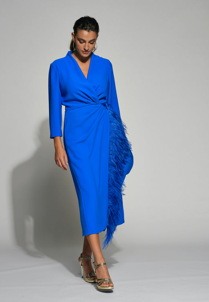 Moskada Tulipan Blue Wrap Style Feather Trim Occasion Dress