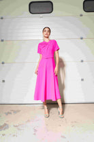 Moskada Nijar midi dress with draped neckline and waist belt