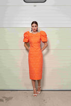 Moskada Carmona floral brocade puffed sleeve midi occasion dress in orange