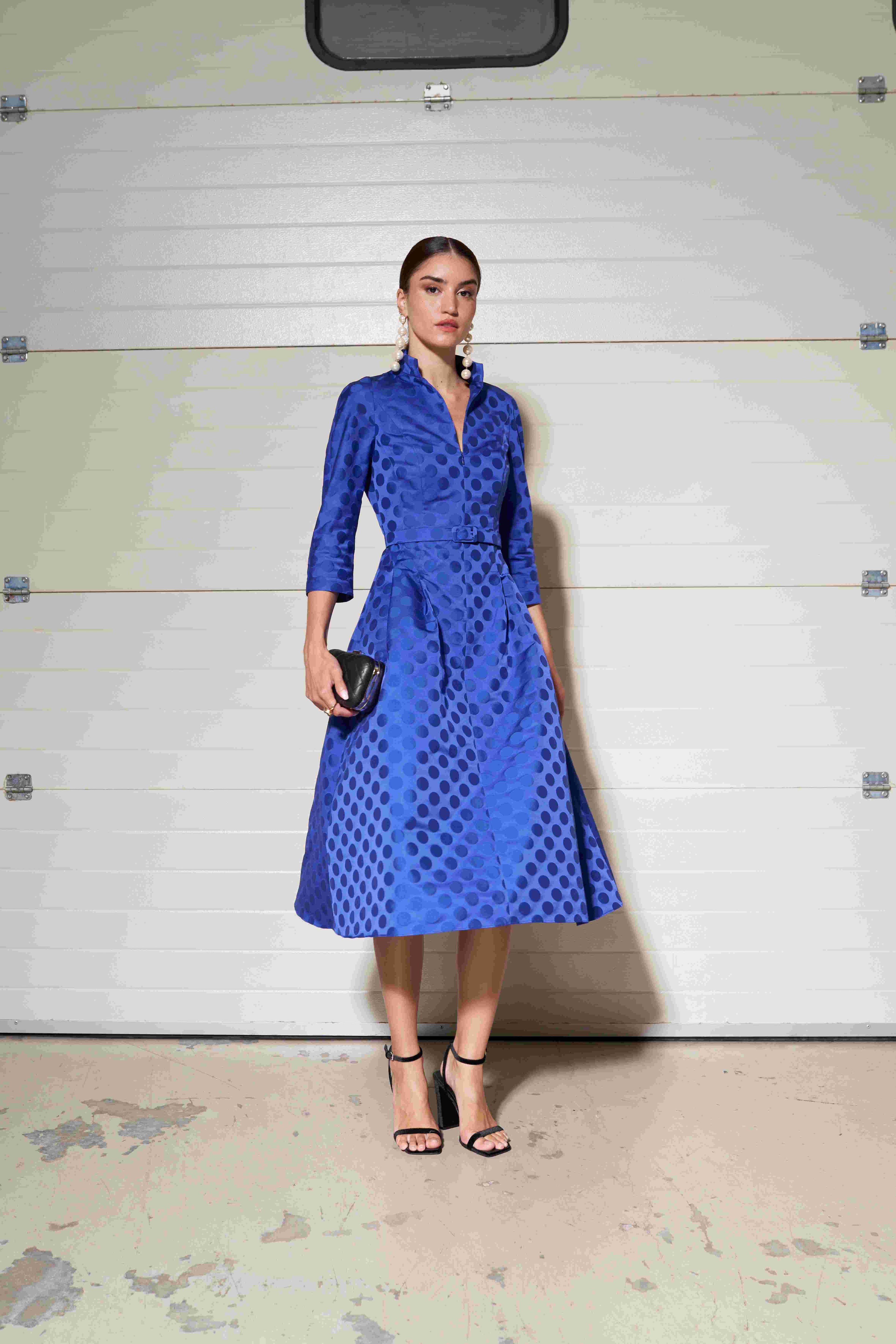 Moskada Arcos belted A-line occasion dress in blue textured fabric