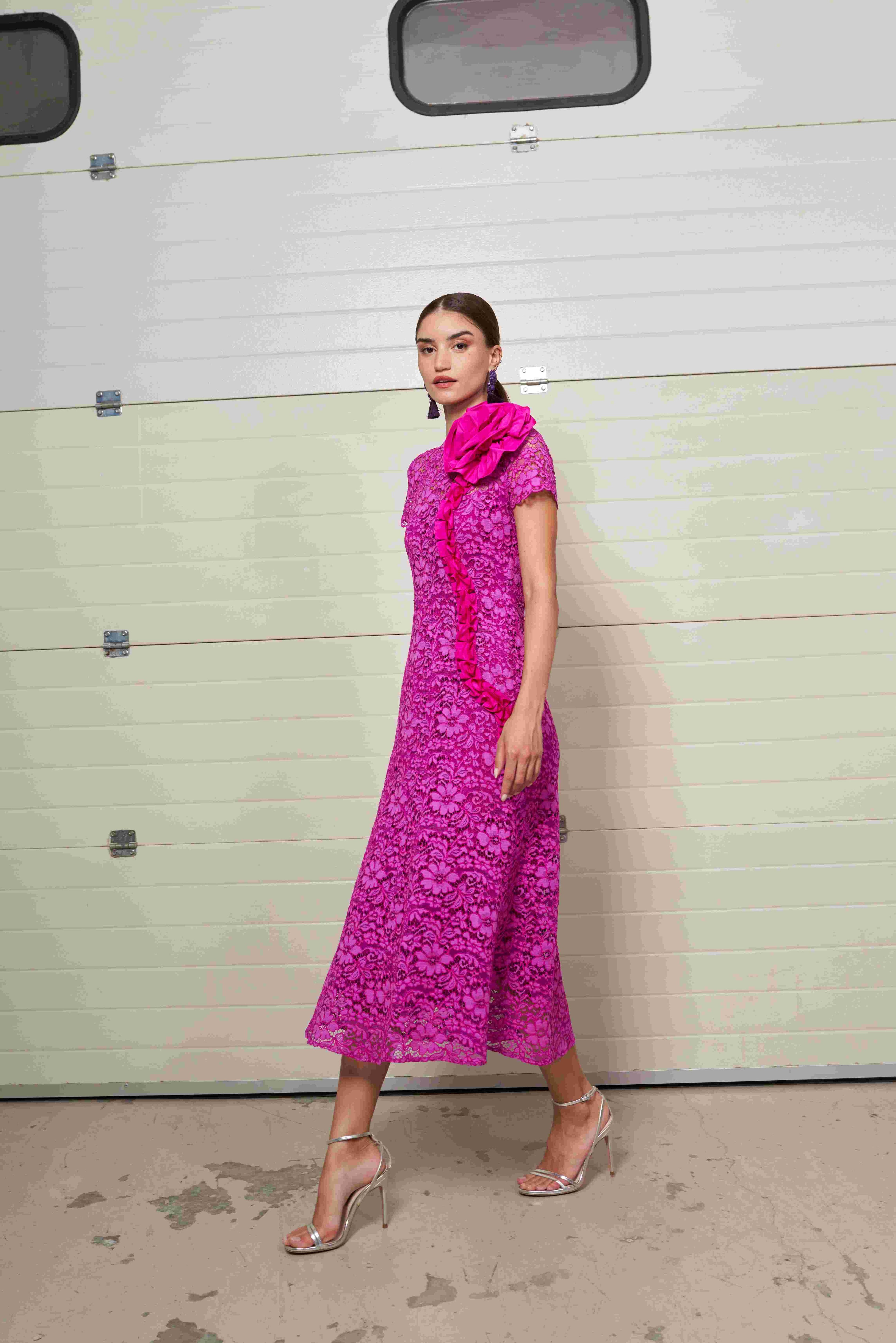 Moskada Zahara pink lace midi dress side view with ruffle floral trim