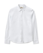 Flat lay of Mos Mosh Tina crisp white stretch cotton shirt with classic collar and button front.
