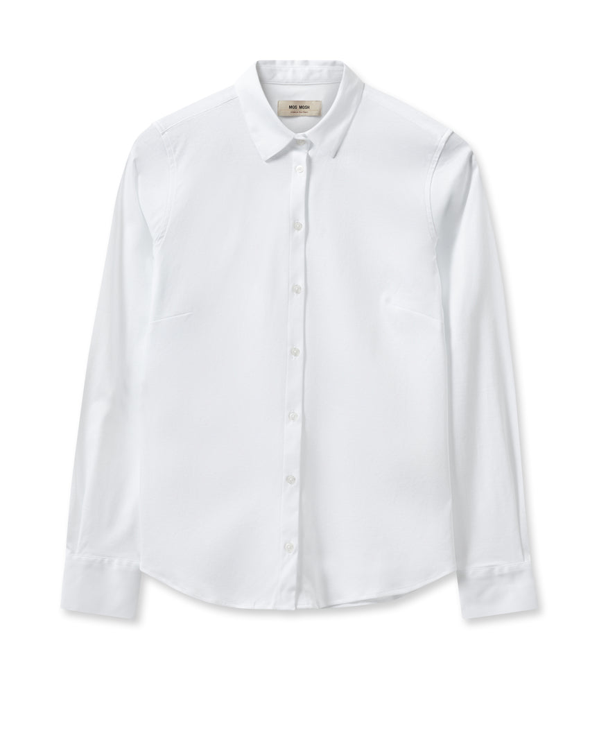 Flat lay of Mos Mosh Tina crisp white stretch cotton shirt with classic collar and button front.
