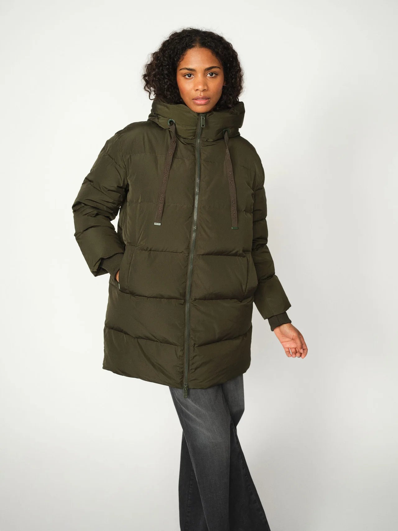 Mos Mosh long padded coat for women in khaki with zip front and hood