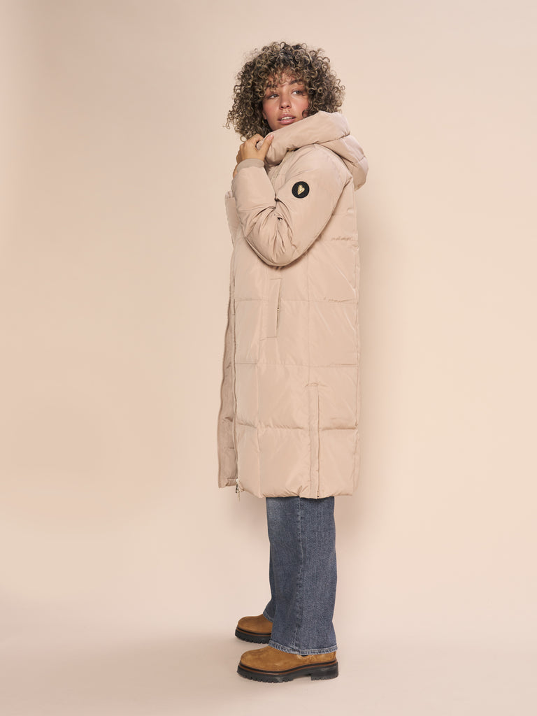 Mos Nosh Nova Beige Long Quilted Down Coat With Hood