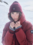 MOS MOSH Nova Square burgundy hooded puffer coat with high collar – close model view