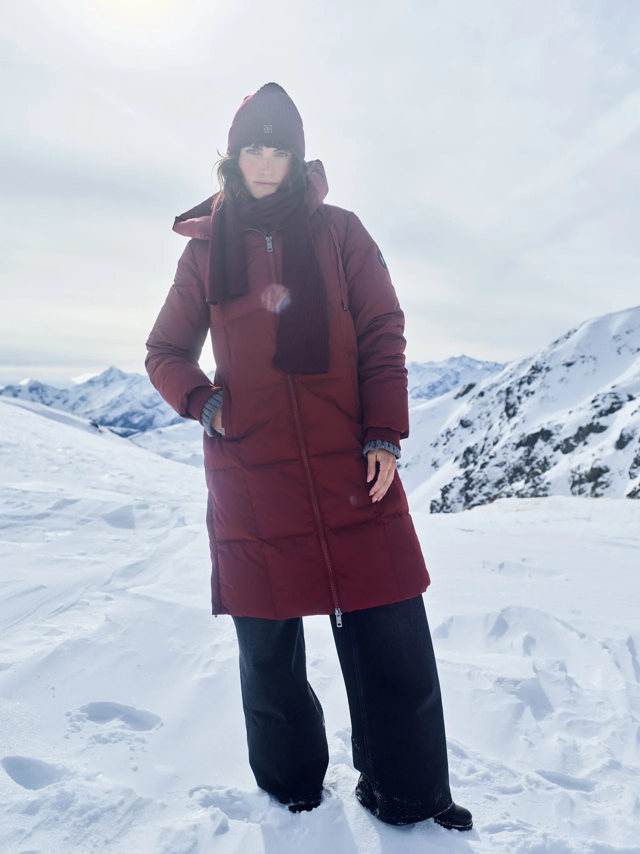 MOS MOSH Nova Square burgundy long down coat – full winter model view