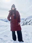 MOS MOSH Nova Square burgundy long down coat – full winter model view