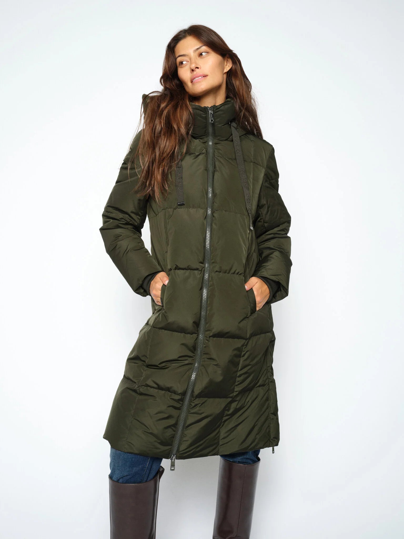 MOS MOSH Nova Square olive green long hooded down coat – front model view