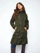 MOS MOSH Nova Square olive green long hooded down coat – front model view