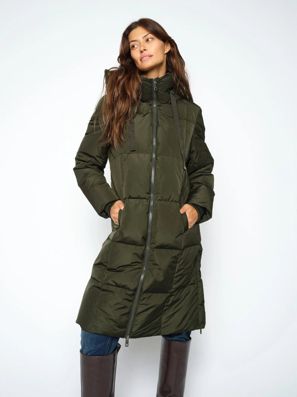 MOS MOSH Nova Square olive green long hooded down coat – front model view