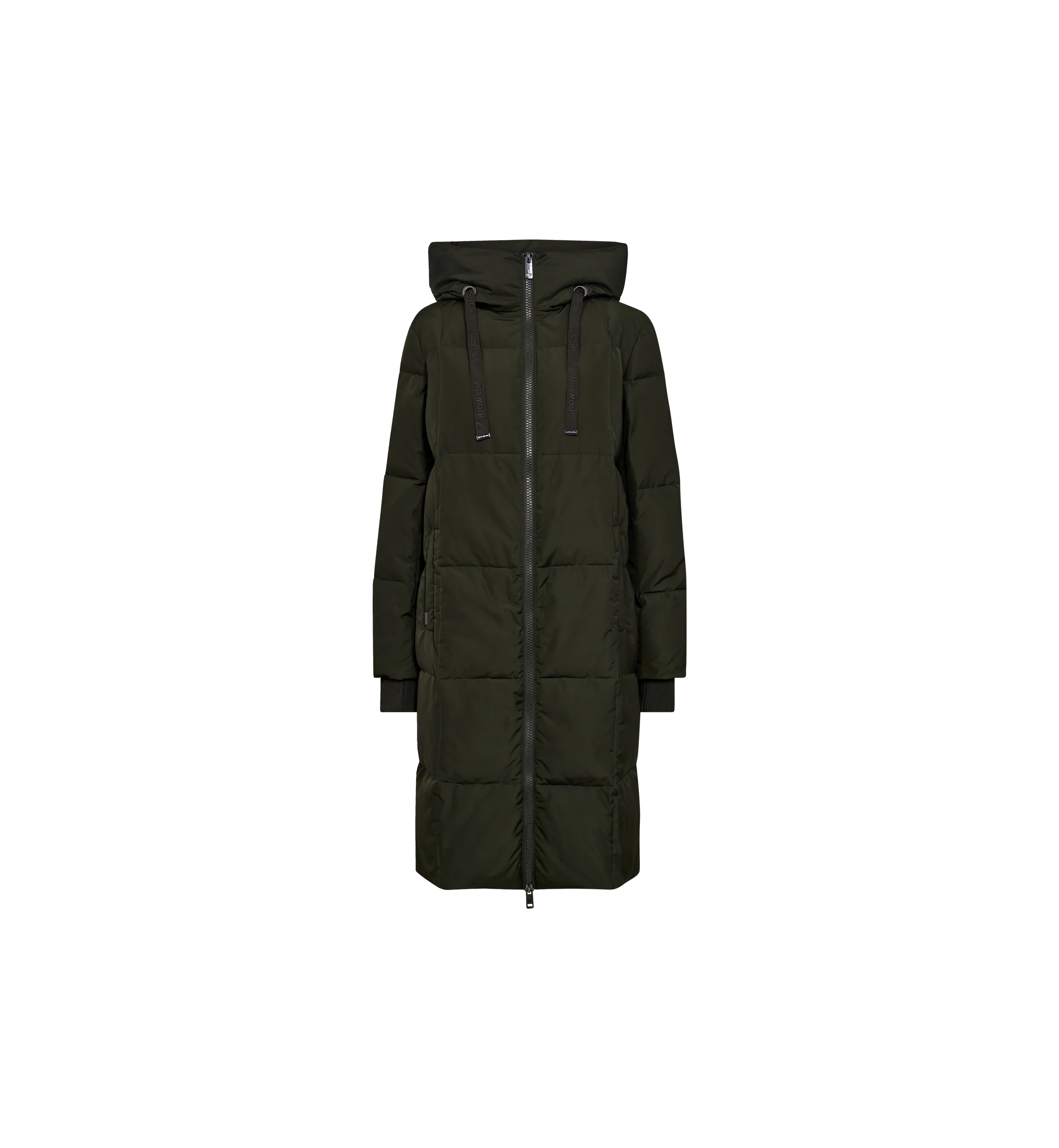 MMOS MOSH Nova Square olive green long down puffer coat – front product view