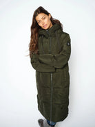 MOS MOSH Nova Square olive green quilted down coat with hood – close model view