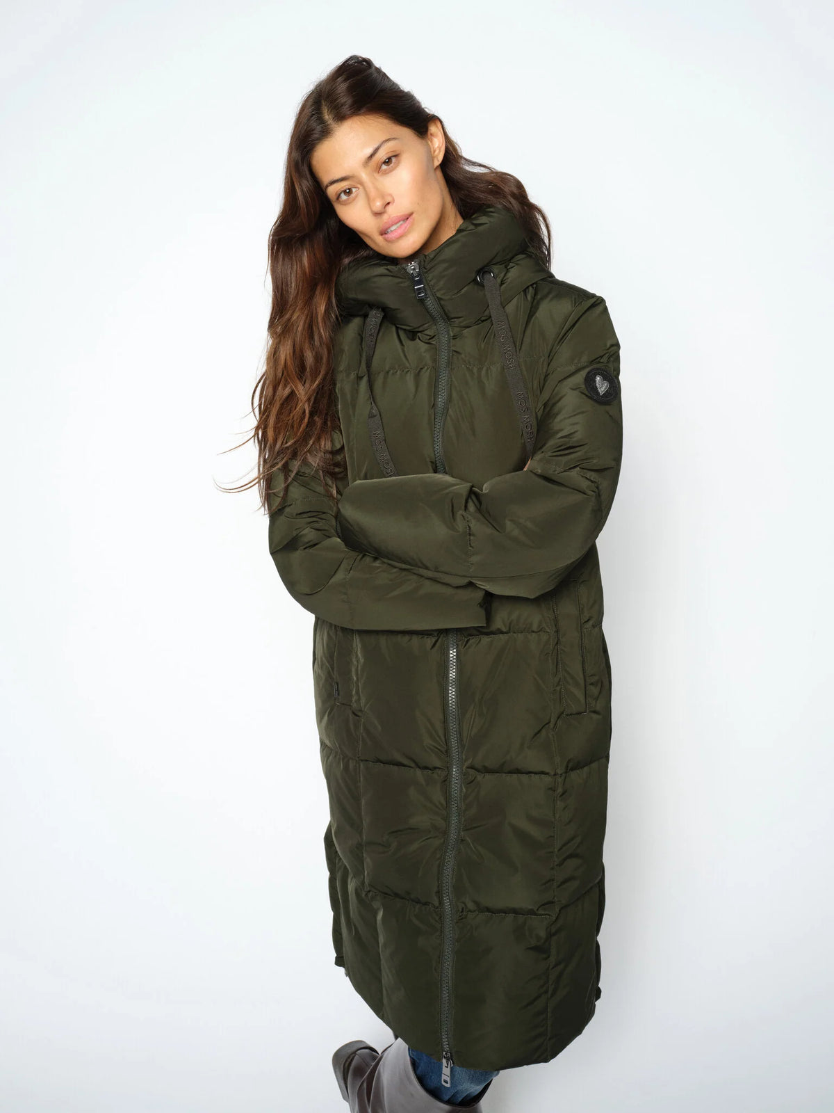 MOS MOSH Nova Square olive green quilted down coat with hood – close model view
