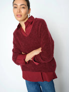  Mos Mosh Thora relaxed V-neck knit jumper in burgundy styled with matching shirt