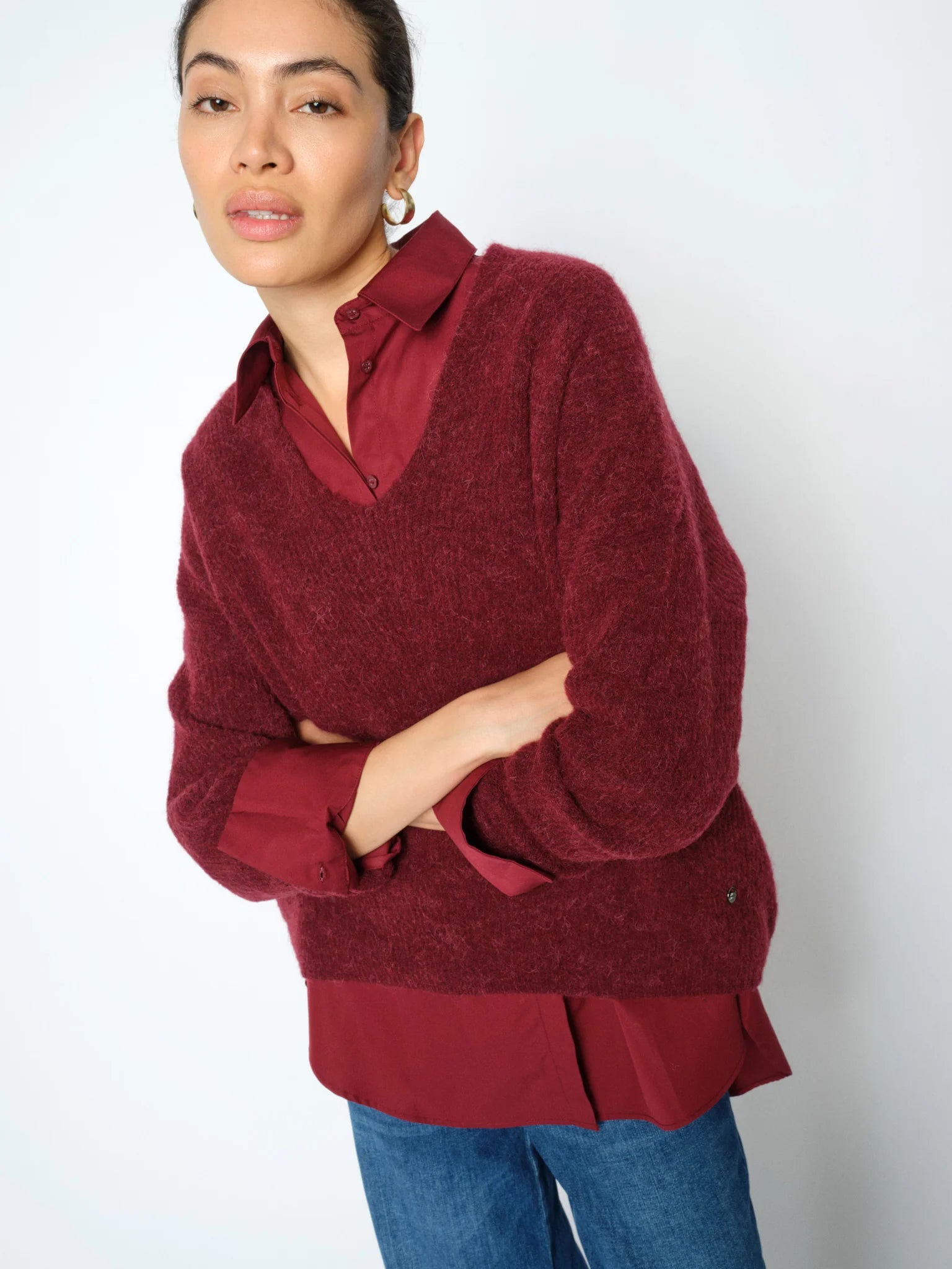  Mos Mosh Thora relaxed V-neck knit jumper in burgundy styled with matching shirt
