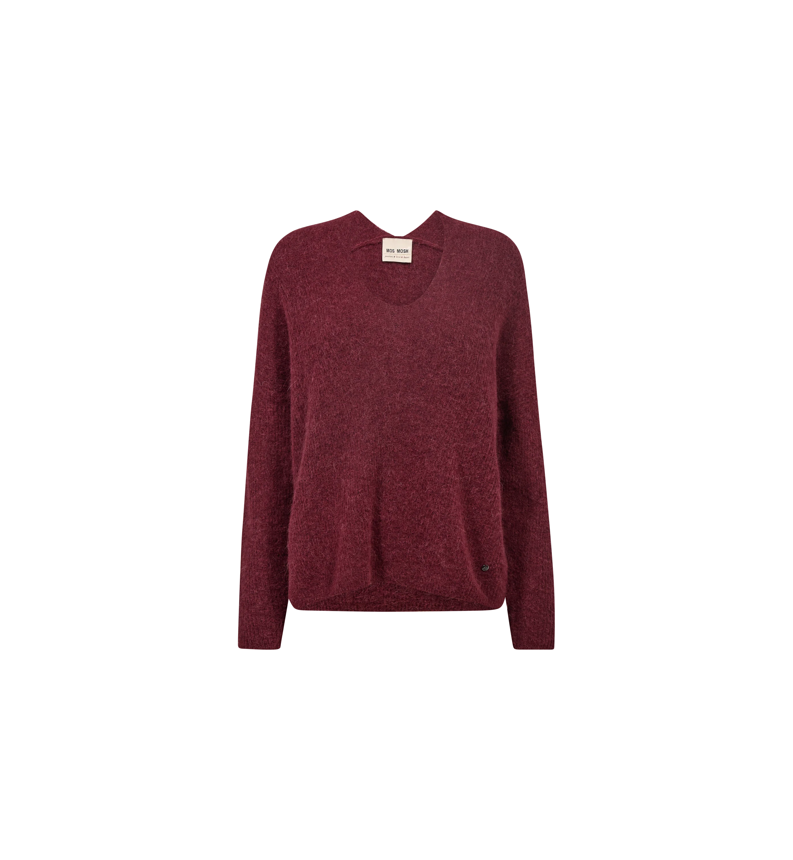 Mos Mosh Thora burgundy relaxed V-neck knit jumper front view