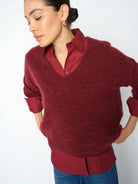 Close-up of Mos Mosh Thora burgundy V-neck knit jumper