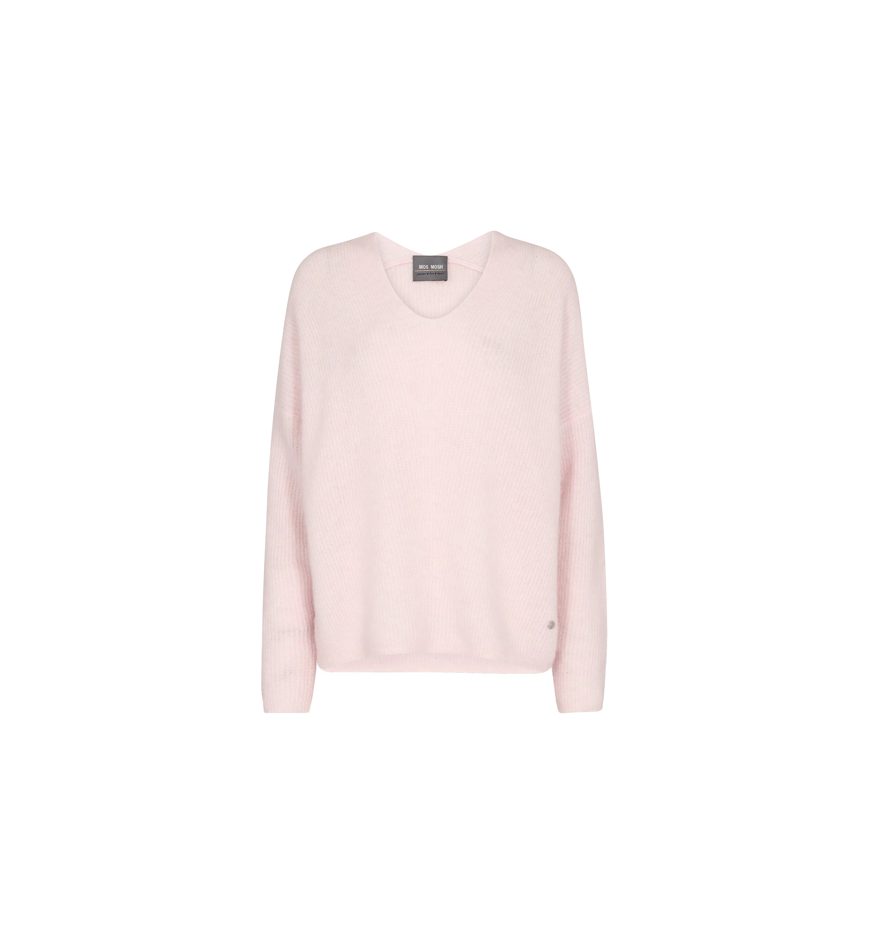 Mos Mosh Thora soft pink relaxed V-neck knit jumper front view