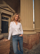 Mos Mosh Sybel ruffle trim white cotton shirt worn with blue jeans