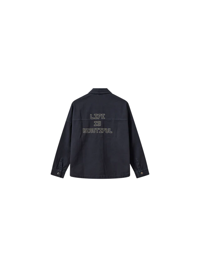 Mos Mosh Tia Navy Embroidery Cotton Shirt With Life Is Beautiful Slogan On Back