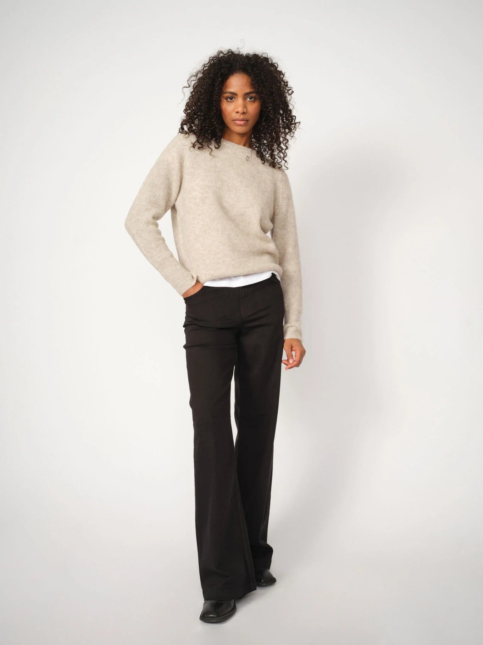 Black wide-leg smart denim trousers for women