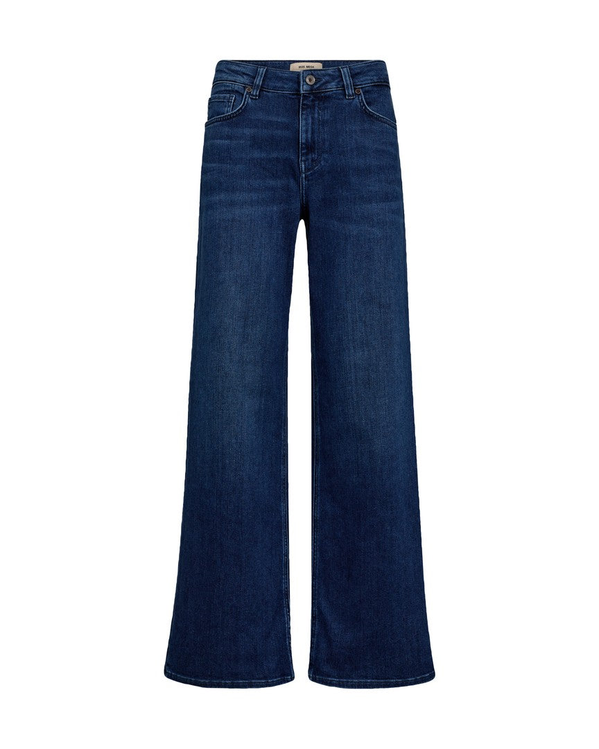 Flat lay of Mos Mosh Dara Hera wide leg jeans in dark blue wash.
