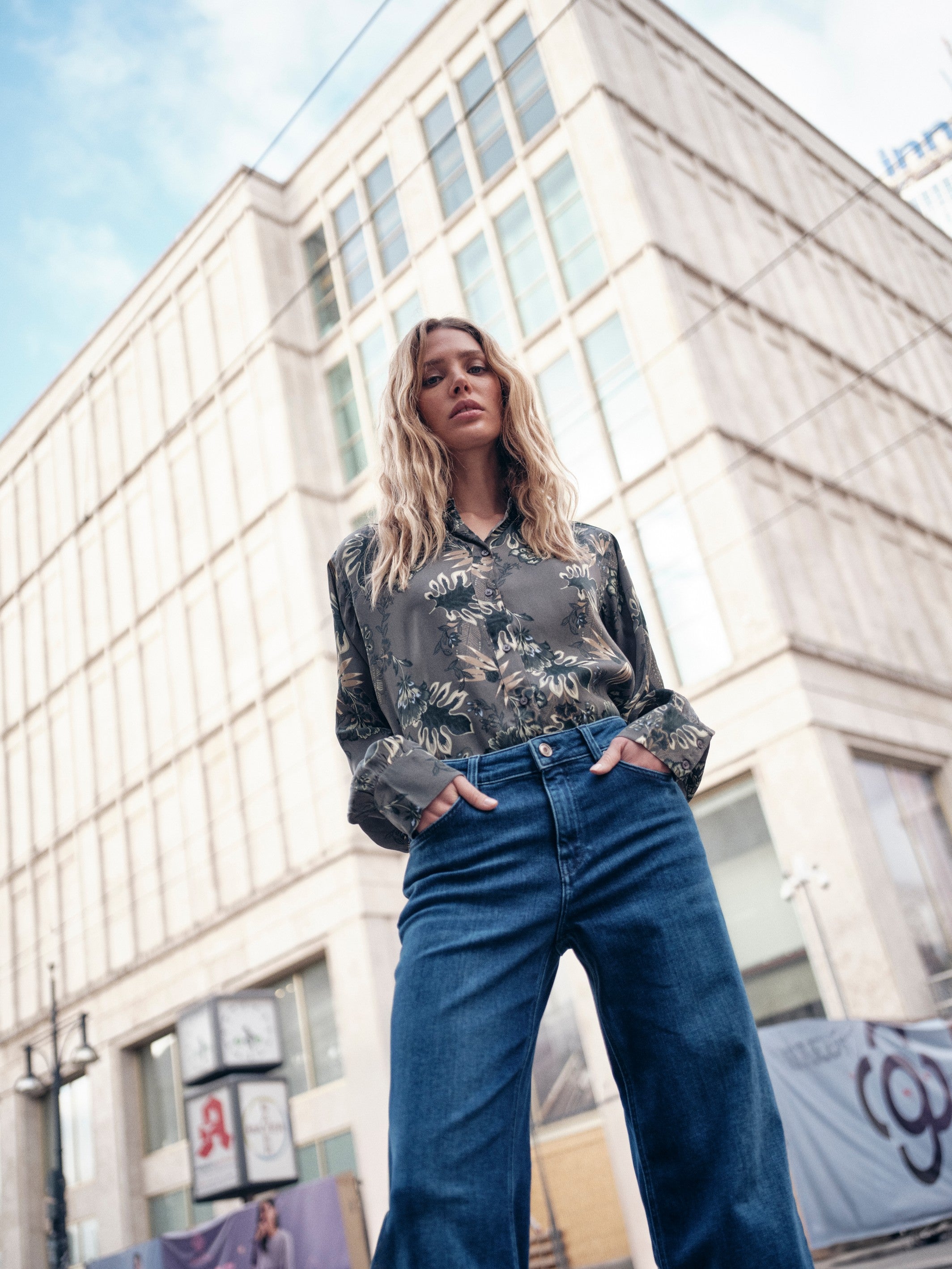 Close-up of Mos Mosh Dara Hera jeans showing high-rise fit and wide-leg silhouette.