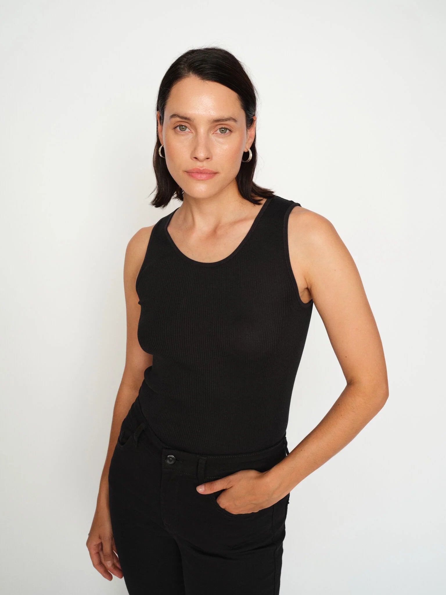 Mos Mosh Elaine black silk cotton tank top styled with black jeans