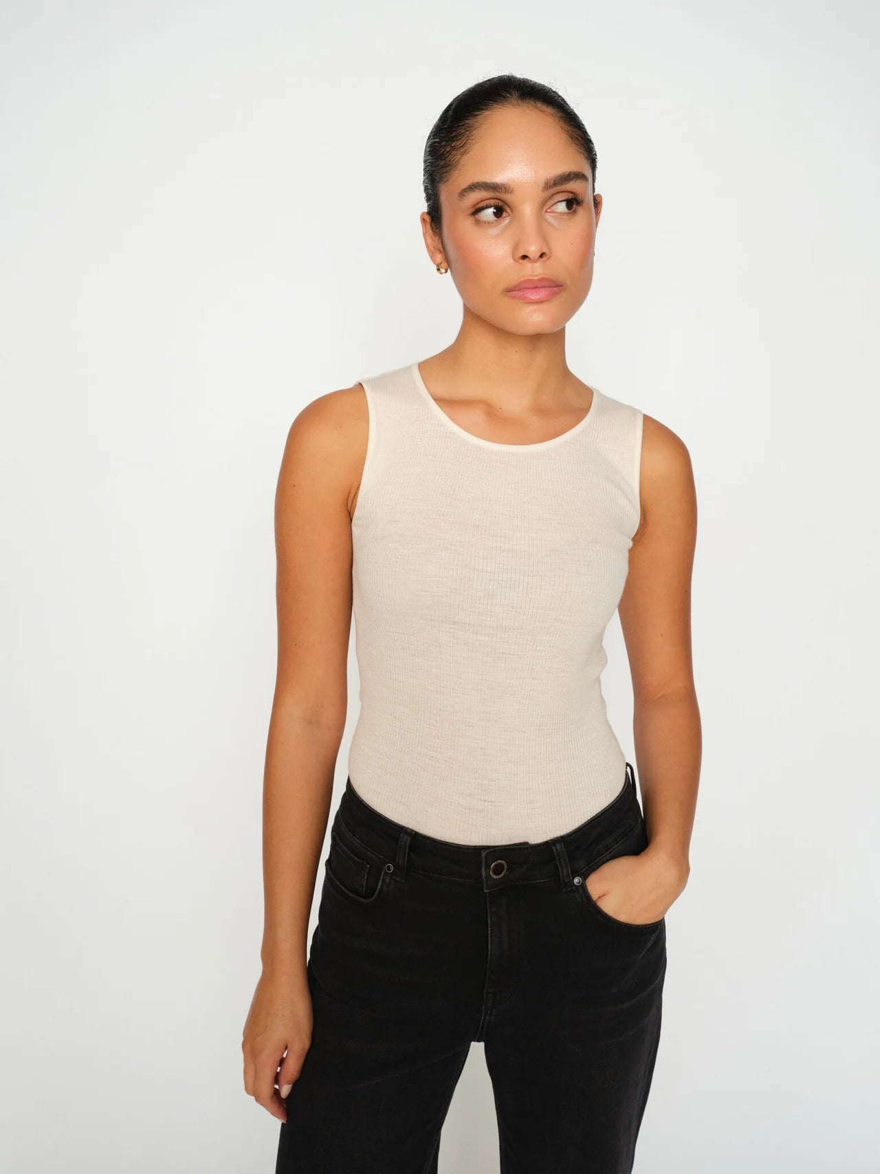 Mos Mosh Elaine beige ribbed vest top styled casually
