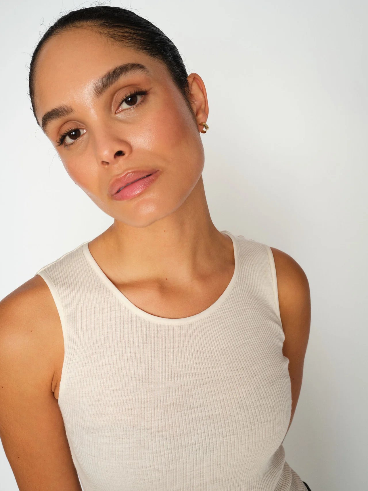 Silk cotton ribbed tank by Mos Mosh in beige with soft frill hem