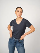 Mos Mosh Dala navy women’s V-neck T-shirt front view