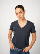 Mos Mosh Dala navy V-neck basic T-shirt styled with jeans