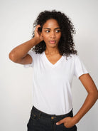 Mos Mosh Dala white V-neck basic T-shirt styled with black trousers
