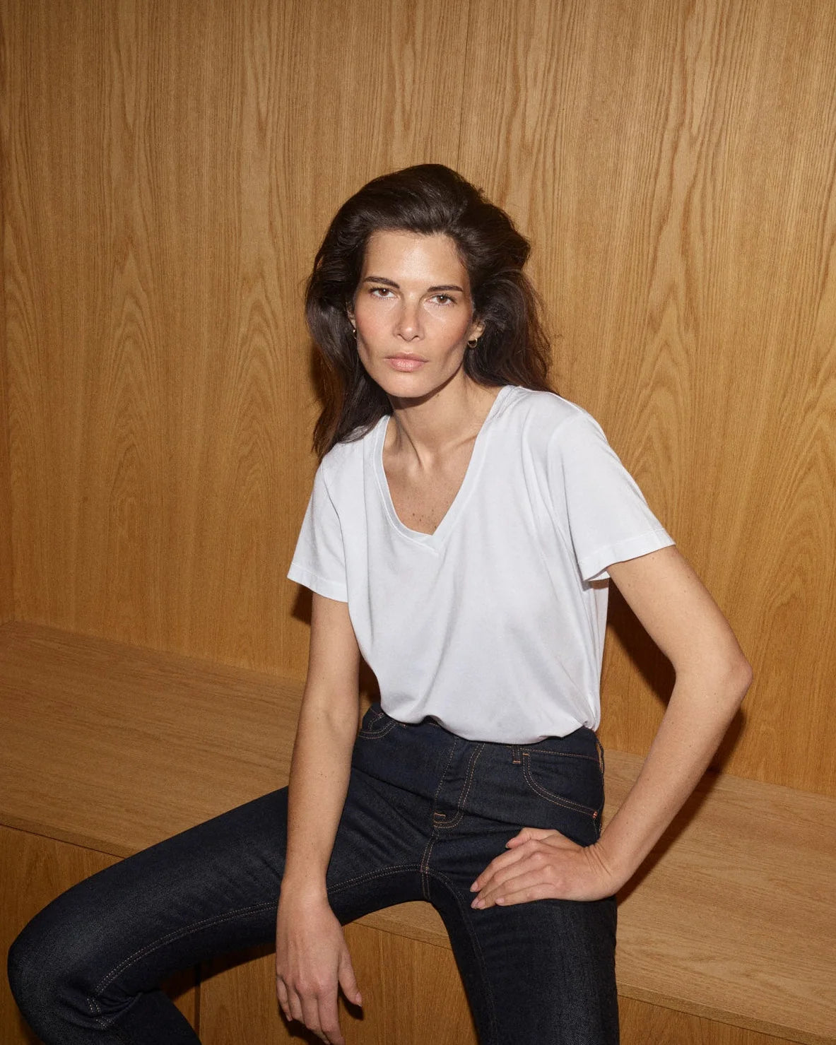 Mos Mosh Dala white V-neck designer T-shirt styled with dark jeans