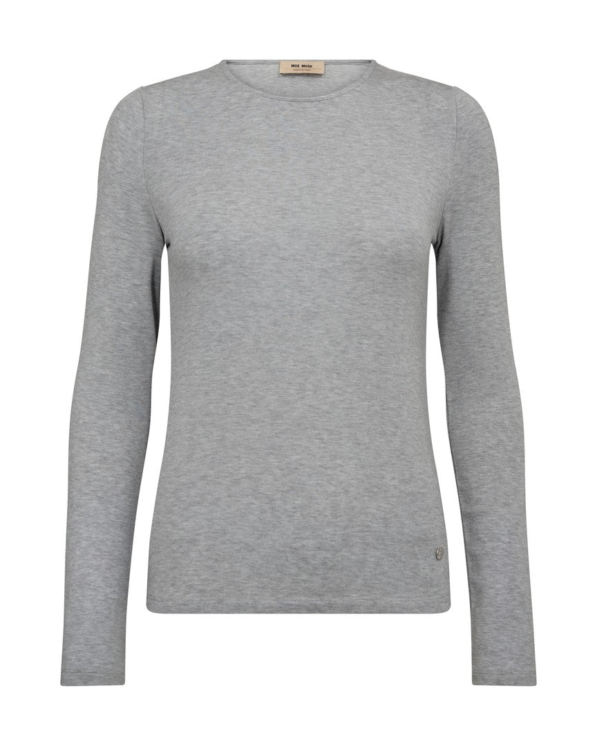 Model wearing Mos Mosh Petri grey long sleeve jersey top
