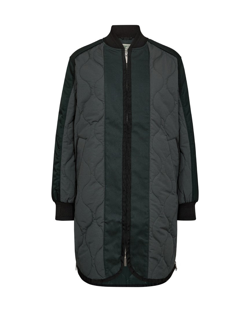 Mos Mosh green long quilted bomber style puffer coat – front view of Freja jacket