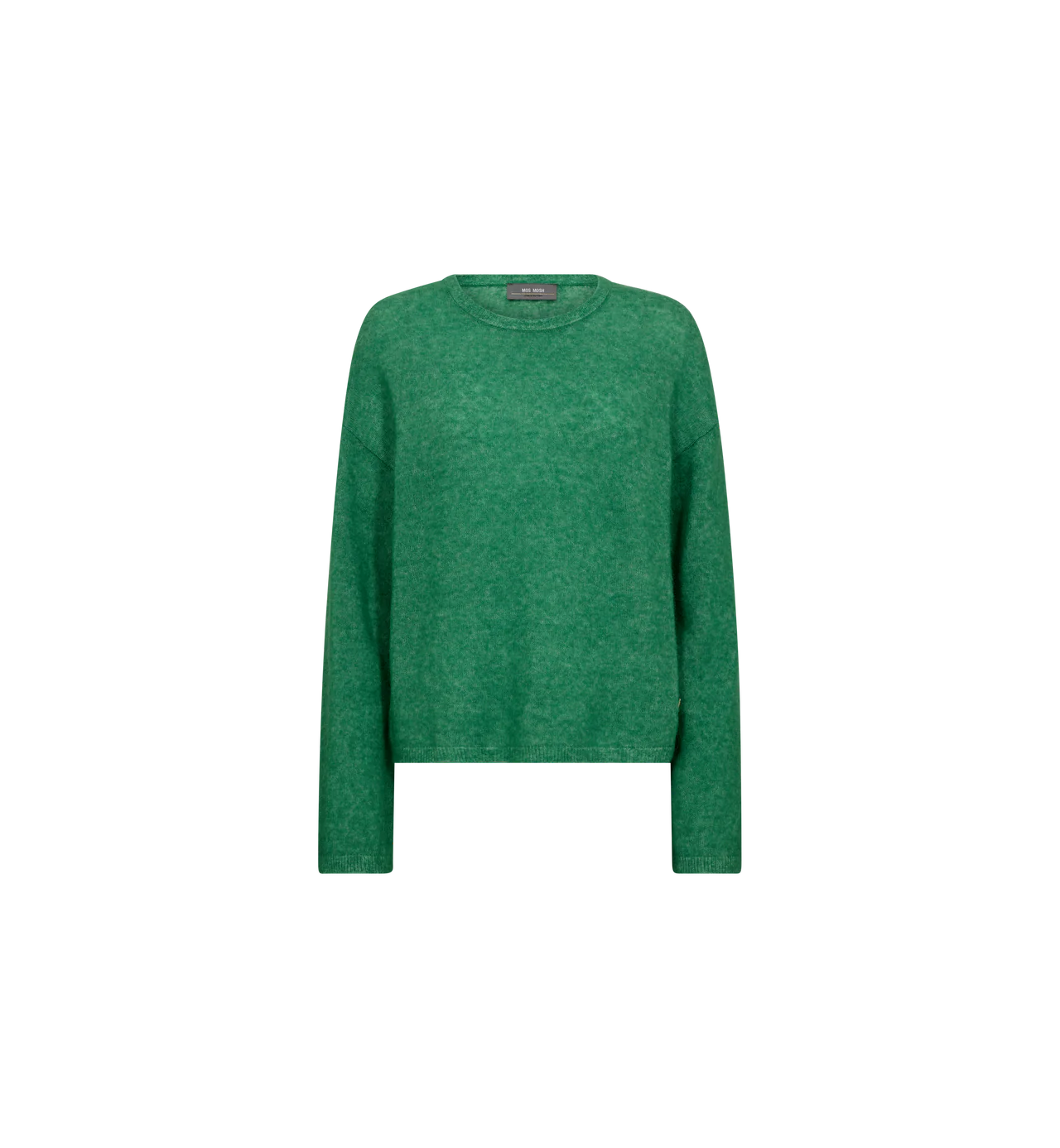 Green Mos Mosh jumper laid flat showing crew neckline and ribbed hem