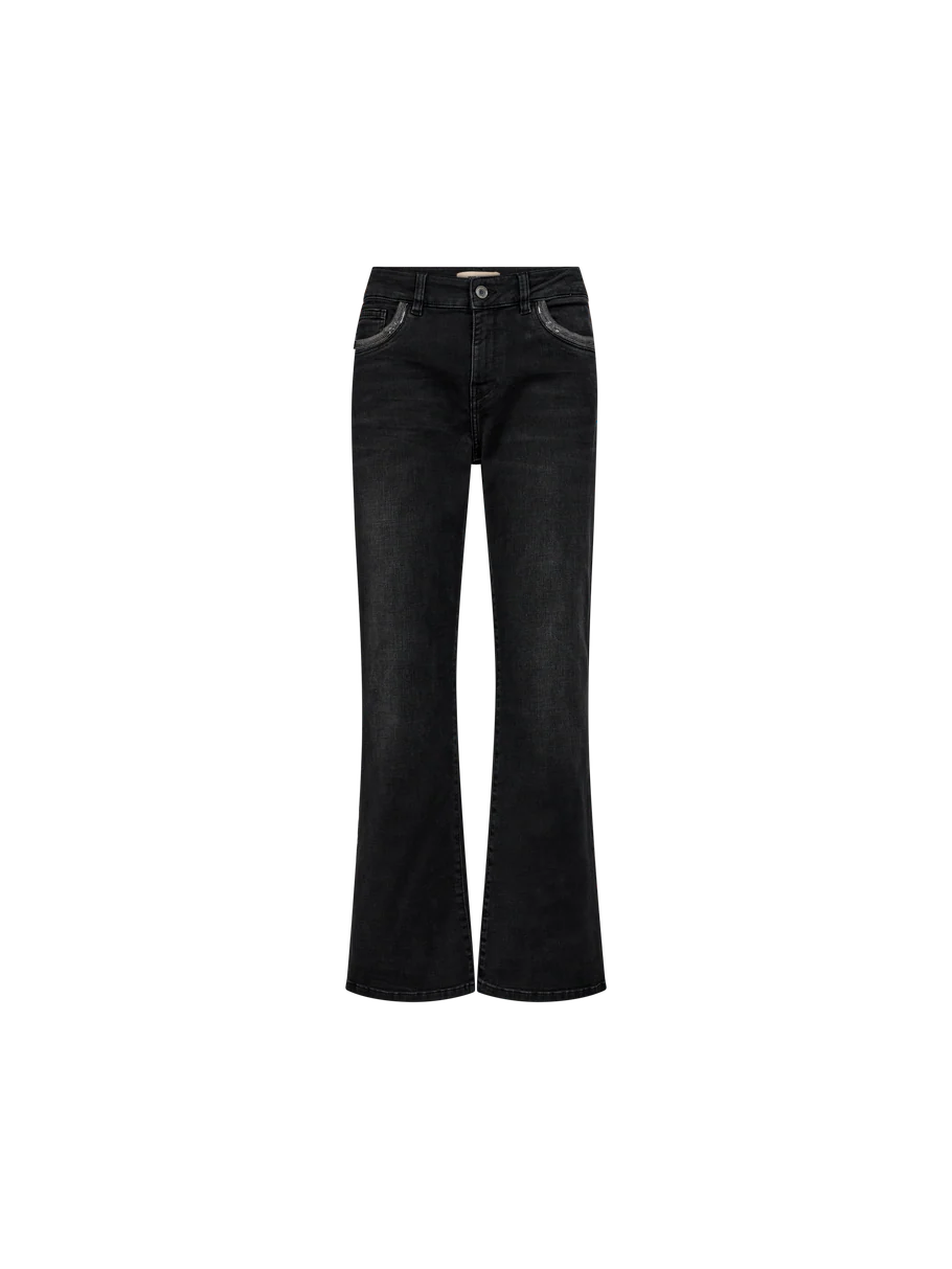 Mos Mosh flared black denim trousers styled with embroidered pockets 