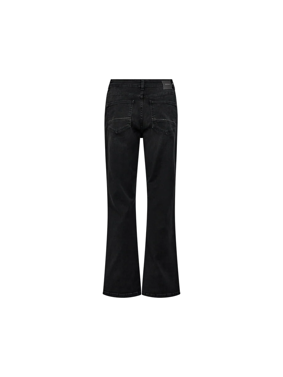 Back view of Mos Mosh flared black denim trousers styled with embroidered pockets 