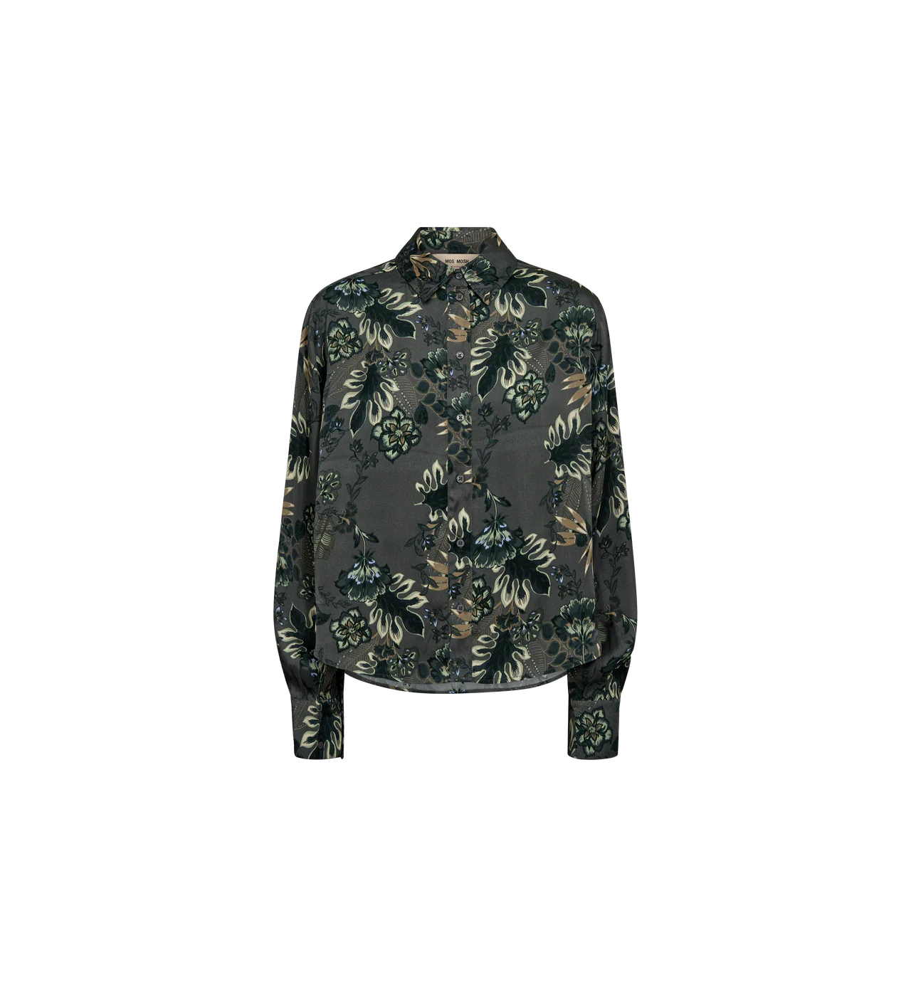 Flat lay of Mos Mosh Abina Floro shirt in green floral cotton blend
