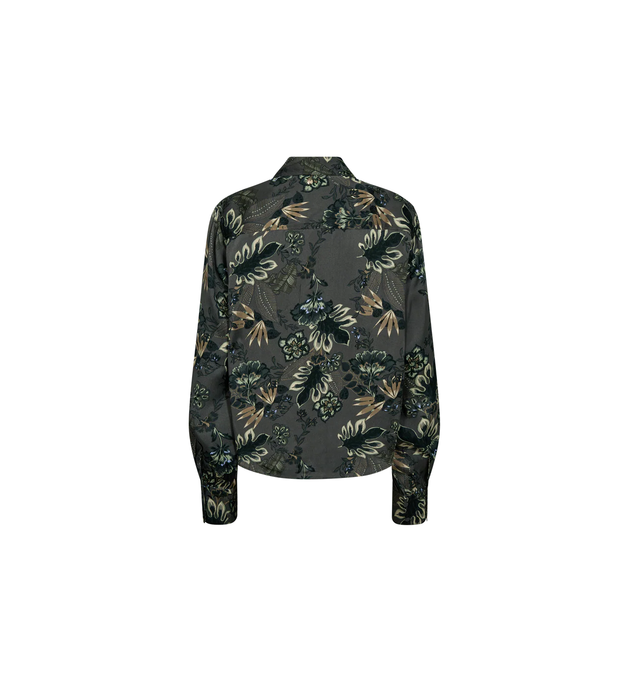Back view of green floral Mos Mosh shirt with long sleeves