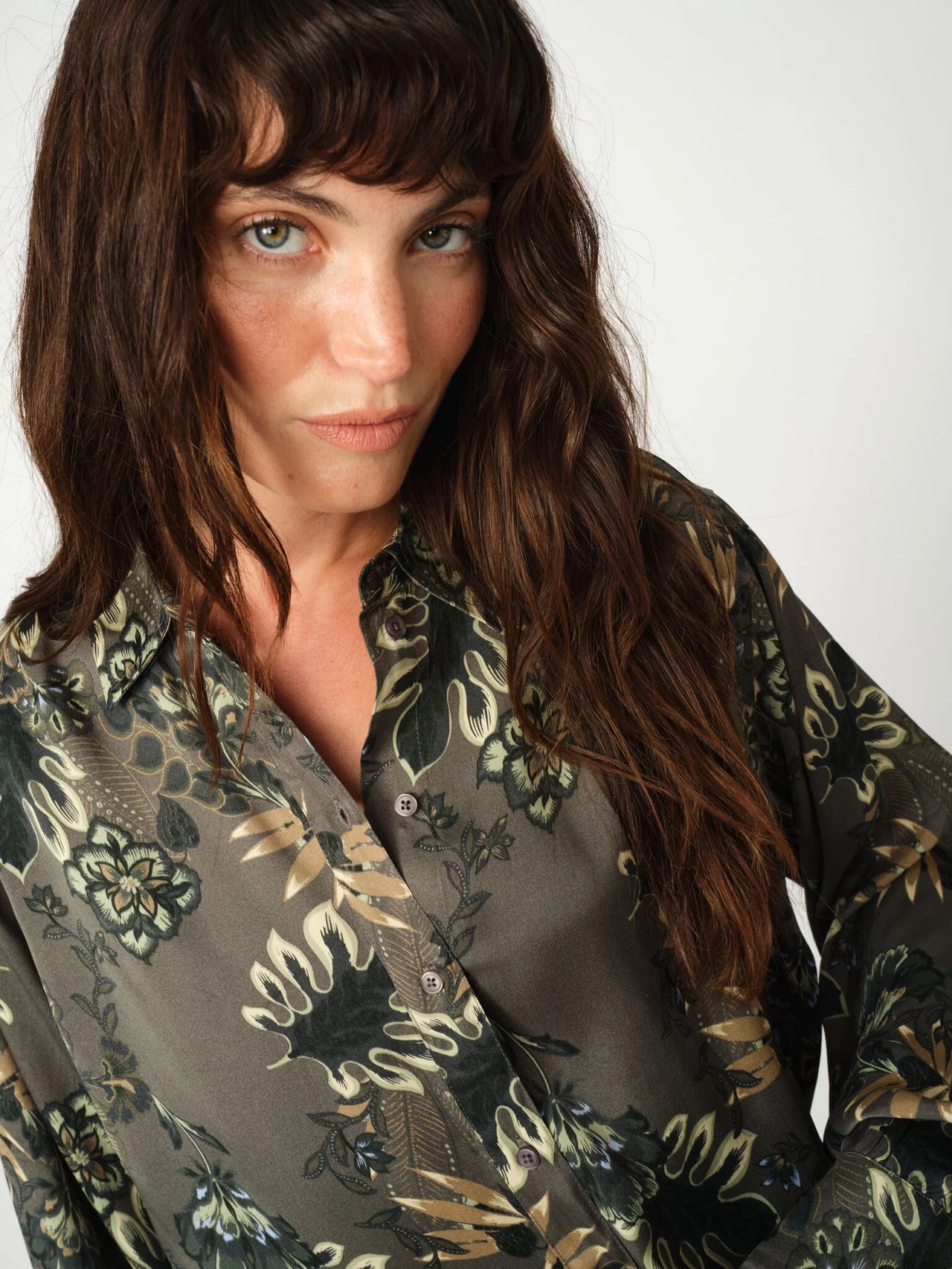 Front view of Mos Mosh Abina shirt with soft drape and classic collar