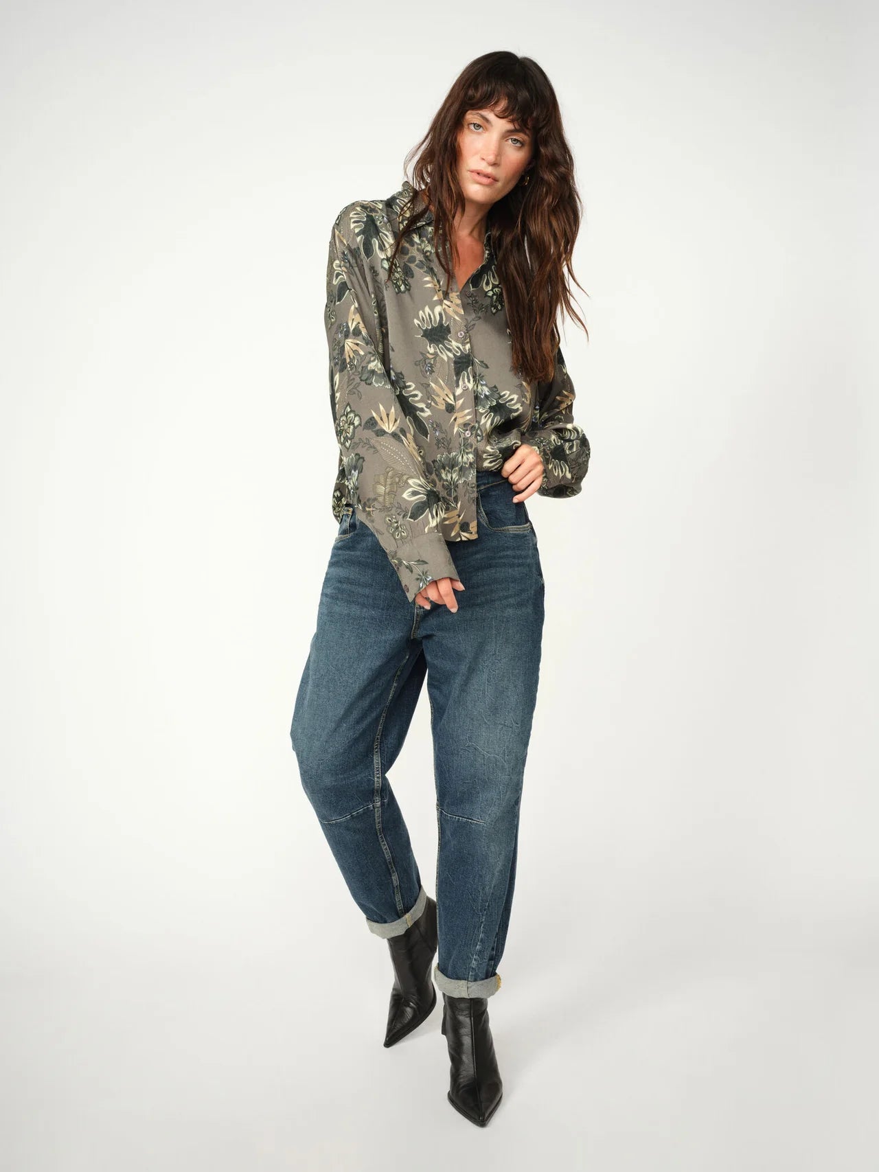 Model wearing Mos Mosh Abina Floro green floral shirt with relaxed fit