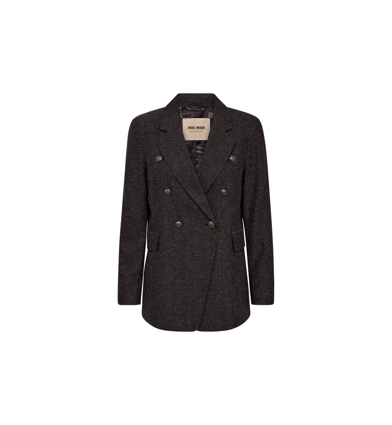 Front view of Mos Mosh double breasted black blazer with embossed buttons
