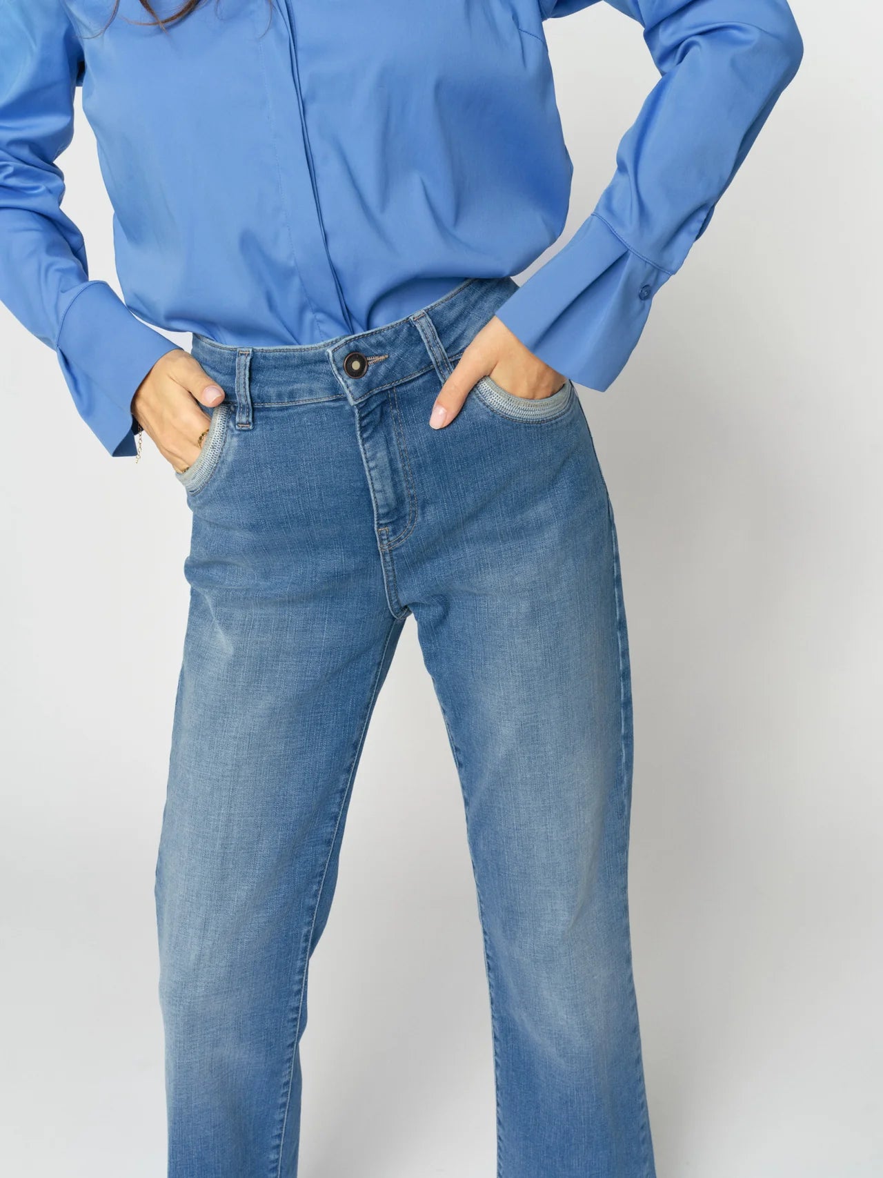 Mos Mosh Cecilia Perla blue flared jeans front waist detail