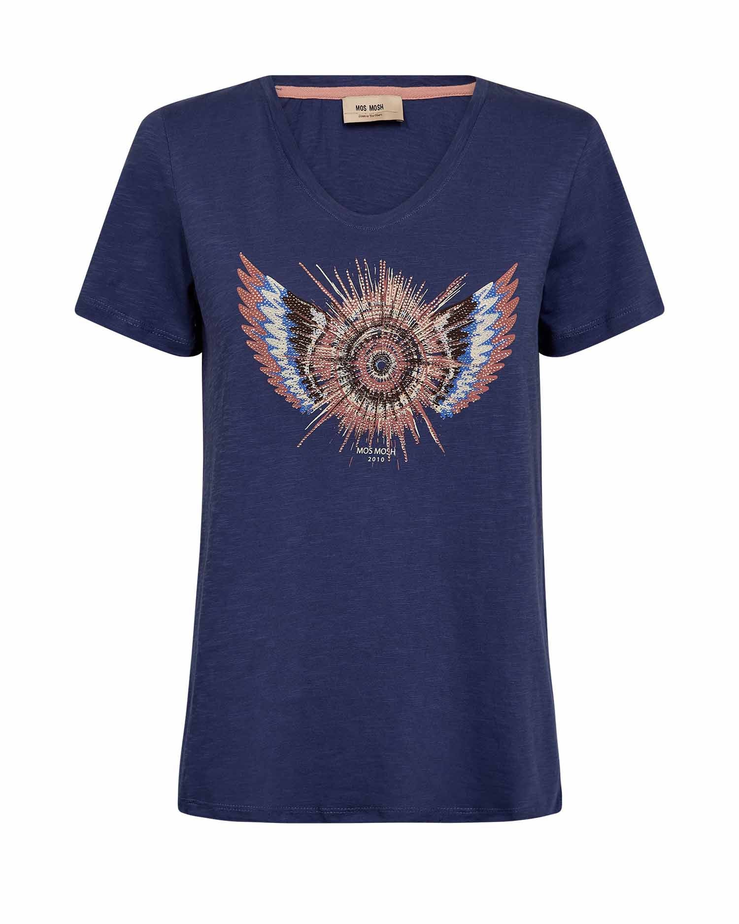 Mos Mosh Gethi Glam navy blue wing motif t-shirt front view